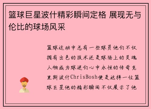 篮球巨星波什精彩瞬间定格 展现无与伦比的球场风采