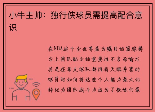 小牛主帅：独行侠球员需提高配合意识